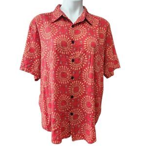 Vatpave print button front shirt sleeve shirt red tan cotton blend XL